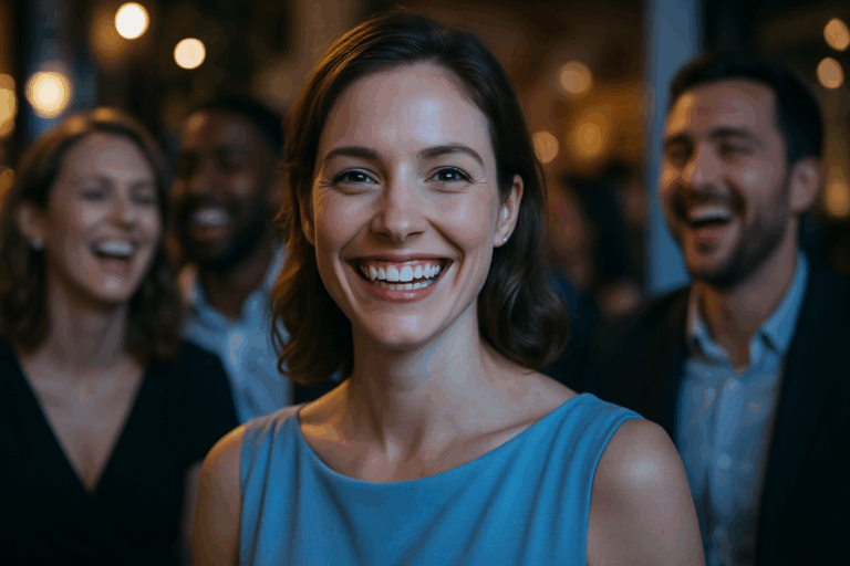 Une femme d'une trentaine d'années, au sourire radieux et confiant, exhibant des dents parfaitement blanches et éclatantes lors d'un événement social animé, entourée d'amis qui rient joyeusement ; elle porte une robe élégante bleu clair, éclairage naturel doux avec des accents de lumière bleue subtile soulignant son visage heureux et soulagé, composition en règle des tiers avec le sourire centré, photoréaliste haute résolution, ambiance aspirationnelle et professionnelle, sans aucun texte.