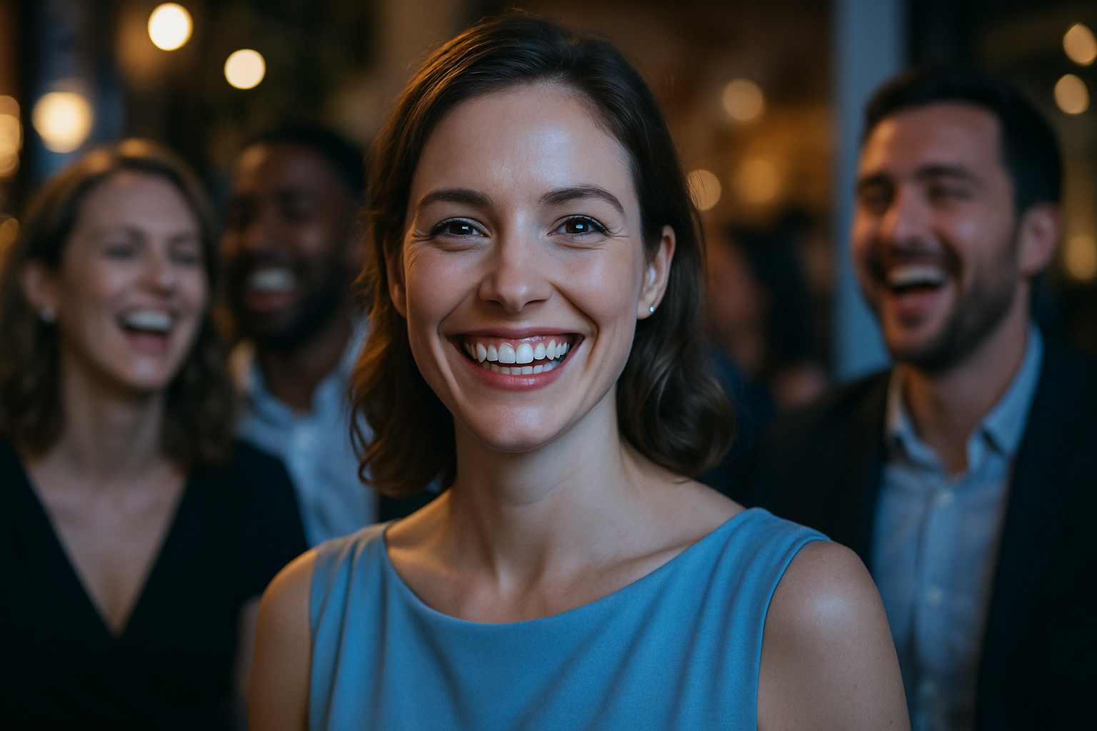 Une femme d'une trentaine d'années, au sourire radieux et confiant, exhibant des dents parfaitement blanches et éclatantes lors d'un événement social animé, entourée d'amis qui rient joyeusement ; elle porte une robe élégante bleu clair, éclairage naturel doux avec des accents de lumière bleue subtile soulignant son visage heureux et soulagé, composition en règle des tiers avec le sourire centré, photoréaliste haute résolution, ambiance aspirationnelle et professionnelle, sans aucun texte.