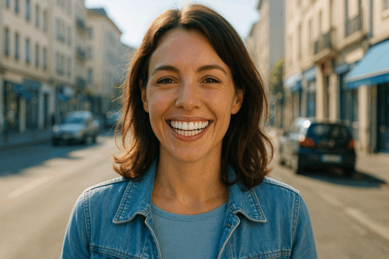 Une femme d'une trentaine d'années au sourire éclatant et confiant, avec des dents blanches naturelles, debout dans une rue animée de Villeurbanne sous un soleil doux, expression de joie et de soulagement après avoir découvert une solution douce pour blanchir ses dents sans peroxyde ; photoréaliste haute résolution, éclairage naturel avec rim light subtile, composition en règle des tiers centrée sur son visage radieux, palette dominée par des nuances de bleu clair pour une ambiance rassurante et professionnelle, sans texte, style vignette YouTube percutante avec contrastes forts.