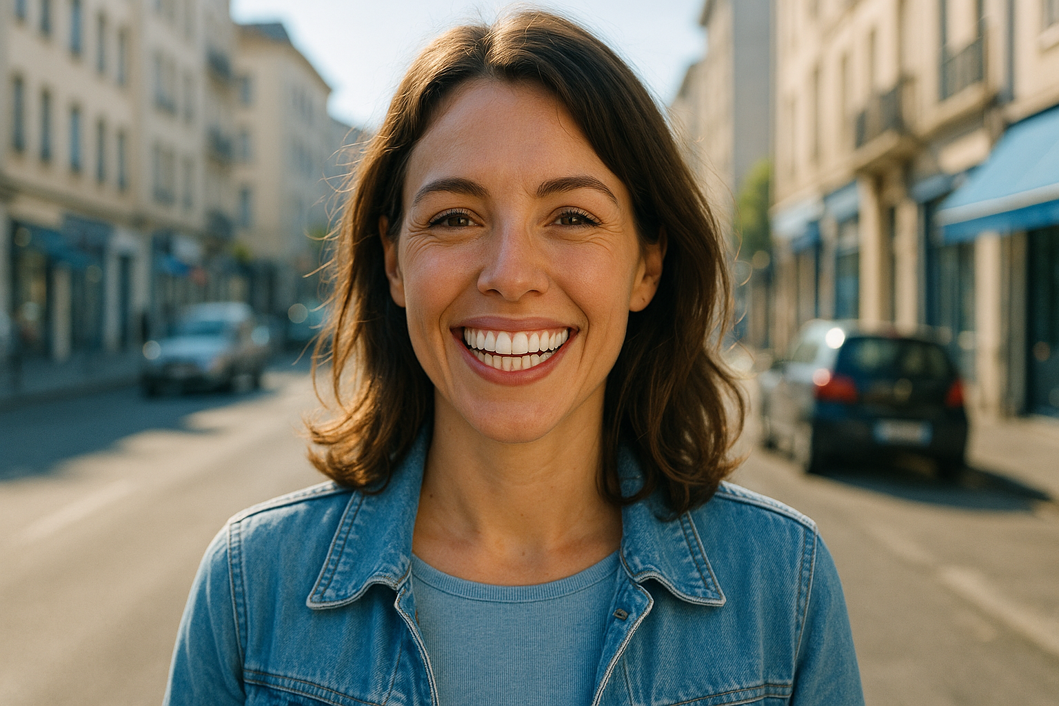 Une femme d'une trentaine d'années au sourire éclatant et confiant, avec des dents blanches naturelles, debout dans une rue animée de Villeurbanne sous un soleil doux, expression de joie et de soulagement après avoir découvert une solution douce pour blanchir ses dents sans peroxyde ; photoréaliste haute résolution, éclairage naturel avec rim light subtile, composition en règle des tiers centrée sur son visage radieux, palette dominée par des nuances de bleu clair pour une ambiance rassurante et professionnelle, sans texte, style vignette YouTube percutante avec contrastes forts.
