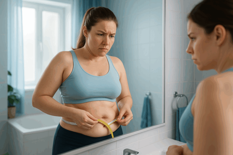 Une femme d'une trentaine d'années, frustrée mais déterminée, se tient devant un miroir dans une salle de bain lumineuse, mesurant son tour de taille avec un mètre ruban, révélant des bourrelets tenaces au ventre malgré ses efforts visibles de régime et sport ; son expression mêle déception et espoir pour une solution non invasive comme la cryolipolyse ; éclairage naturel doux avec accents de bleu apaisant, composition en règle des tiers, photoréaliste haute résolution, ambiance aspirationnelle et professionnelle, sans texte.