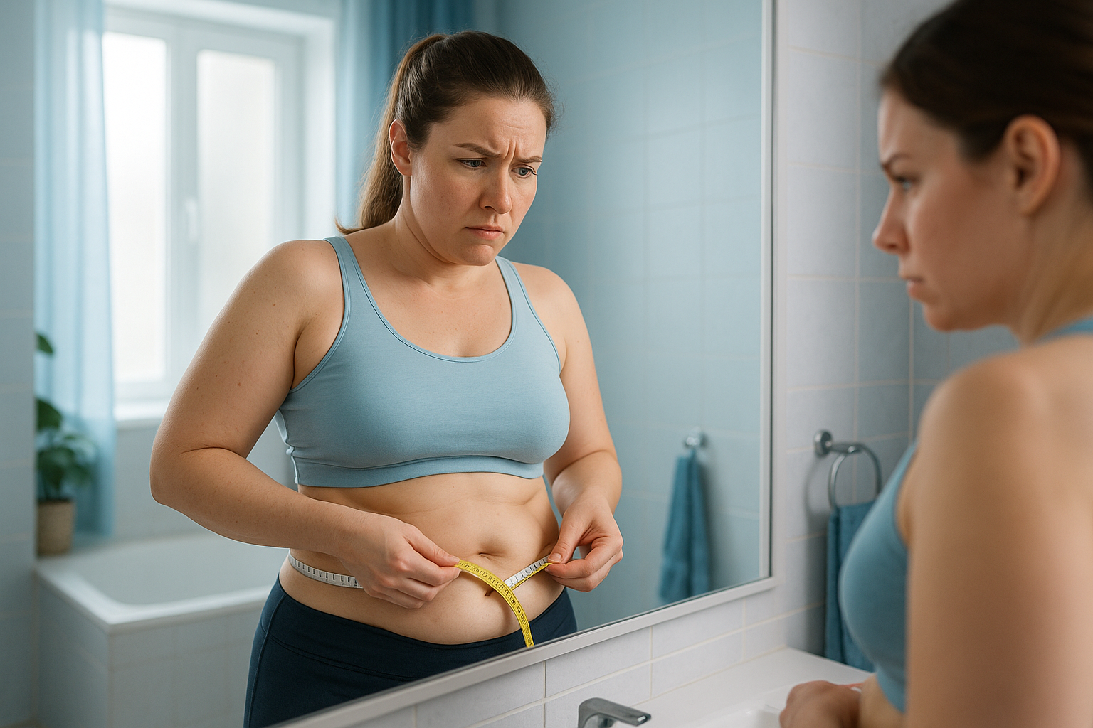 Une femme d'une trentaine d'années, frustrée mais déterminée, se tient devant un miroir dans une salle de bain lumineuse, mesurant son tour de taille avec un mètre ruban, révélant des bourrelets tenaces au ventre malgré ses efforts visibles de régime et sport ; son expression mêle déception et espoir pour une solution non invasive comme la cryolipolyse ; éclairage naturel doux avec accents de bleu apaisant, composition en règle des tiers, photoréaliste haute résolution, ambiance aspirationnelle et professionnelle, sans texte.
