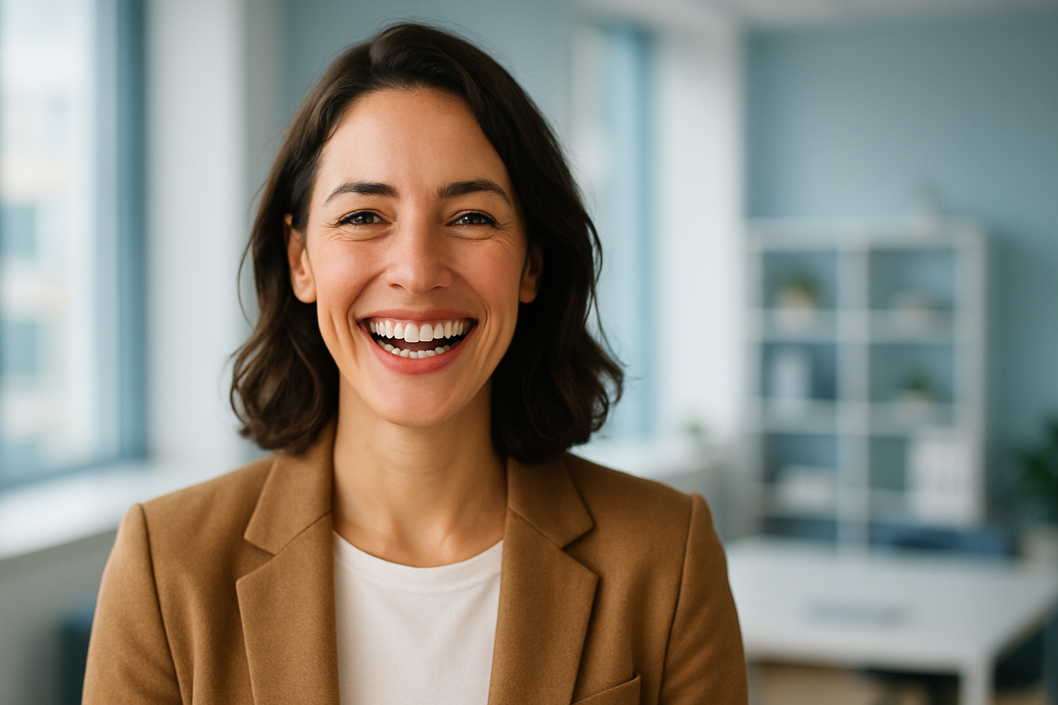 Une femme d'une trentaine d'années, rayonnante de confiance, souriant largement avec un sourire éclatant et des dents parfaitement blanches, dans un cadre moderne et lumineux comme un bureau ensoleillé, éclairage naturel doux avec des accents de bleu clair pour une ambiance rassurante, composition en règle des tiers où son visage occupe le tiers gauche, photoréalisme haute résolution, expression de joie pure et aspirationnelle, sans texte.