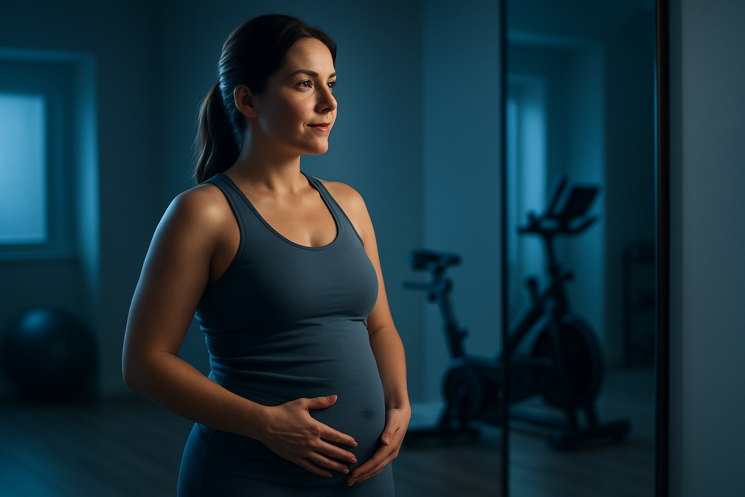 Photorealistic image of a young mother in her early 30s, standing confidently in a softly lit modern home gym, gazing at her reflection in a mirror with a determined and hopeful expression, her hand gently touching her post-pregnancy abdomen clothed in fitted activewear. Subtle blue tones in the lighting create a calming, aspirational atmosphere, emphasizing her desire to regain a toned silhouette. High-resolution professional photo, rule of thirds composition with rim light highlighting her face, no text, eye-catching contrast.