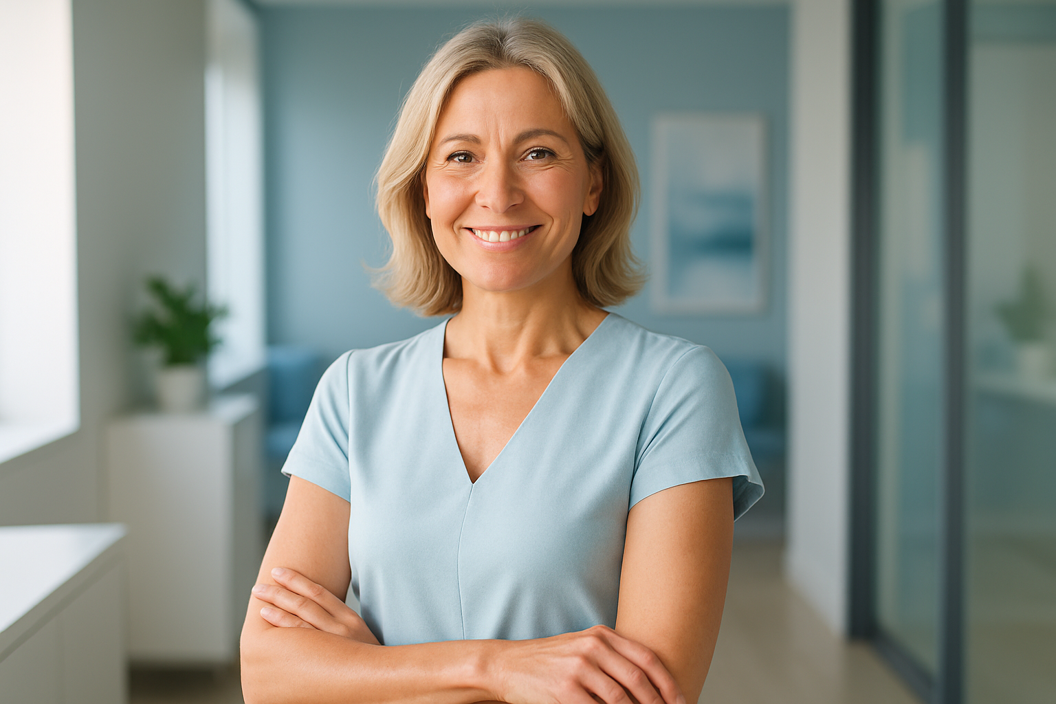 Une femme d'âge moyen, confiante et rayonnante, portant une blouse élégante à manches courtes qui met en valeur ses bras affinés et toniques, debout dans un environnement moderne et lumineux avec des accents de bleu apaisant, expression de satisfaction et de regain de confiance après un traitement non invasif, photoréaliste haute résolution, éclairage naturel doux avec rim light, composition selon la règle des tiers, ambiance aspirationnelle et professionnelle.