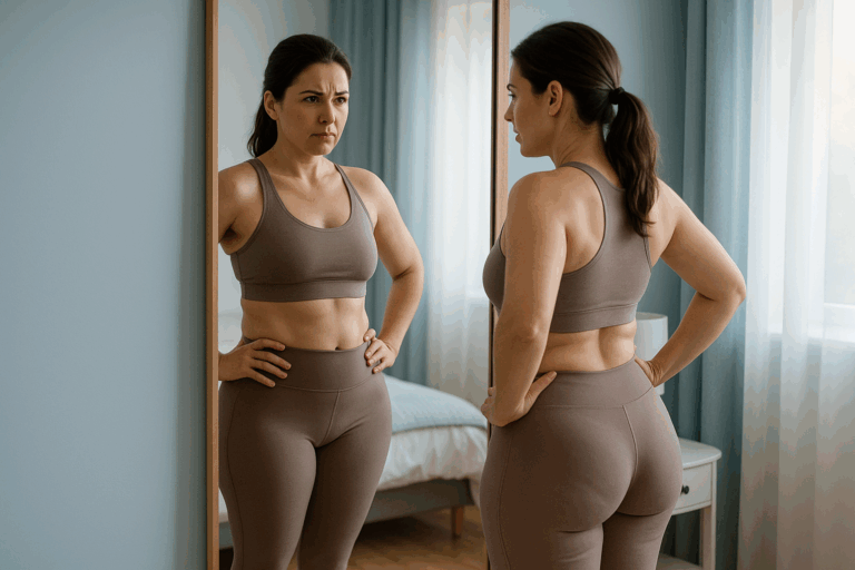 Une femme d'une trentaine d'années, debout devant un miroir dans une chambre lumineuse, observe sa silhouette avec une expression de frustration mêlée d'espoir, portant une tenue de sport ajustée et neutre qui met en valeur ses hanches légèrement arrondies par une culotte de cheval tenace ; son regard est déterminé, imaginant une transformation vers des hanches affinées et harmonieuses ; éclairage naturel doux avec des accents de bleu apaisant, composition en règle des tiers avec le miroir au centre, photoréaliste haute résolution, ambiance aspirationnelle et empowering, sans texte.