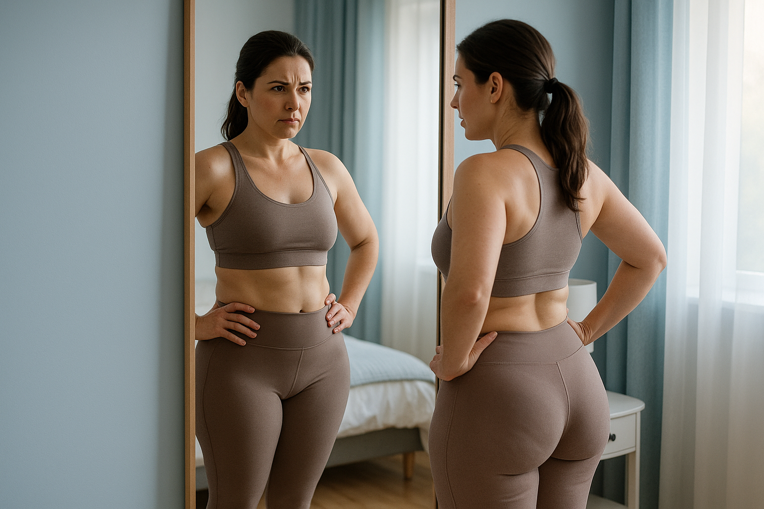 Une femme d'une trentaine d'années, debout devant un miroir dans une chambre lumineuse, observe sa silhouette avec une expression de frustration mêlée d'espoir, portant une tenue de sport ajustée et neutre qui met en valeur ses hanches légèrement arrondies par une culotte de cheval tenace ; son regard est déterminé, imaginant une transformation vers des hanches affinées et harmonieuses ; éclairage naturel doux avec des accents de bleu apaisant, composition en règle des tiers avec le miroir au centre, photoréaliste haute résolution, ambiance aspirationnelle et empowering, sans texte.