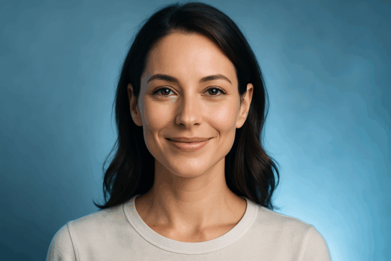 Une femme d'une trentaine d'années au visage radieux et confiant, avec un ovale du visage affiné et harmonieux après traitement, regardant directement la caméra avec un sourire naturel et serein, éclairage doux avec des accents de bleu clair pour une ambiance apaisante et professionnelle, composition respectant la règle des tiers, photoréaliste haute résolution, sans texte, style vignette YouTube captivante avec contraste subtil et rim light pour mettre en valeur les contours nets du menton.