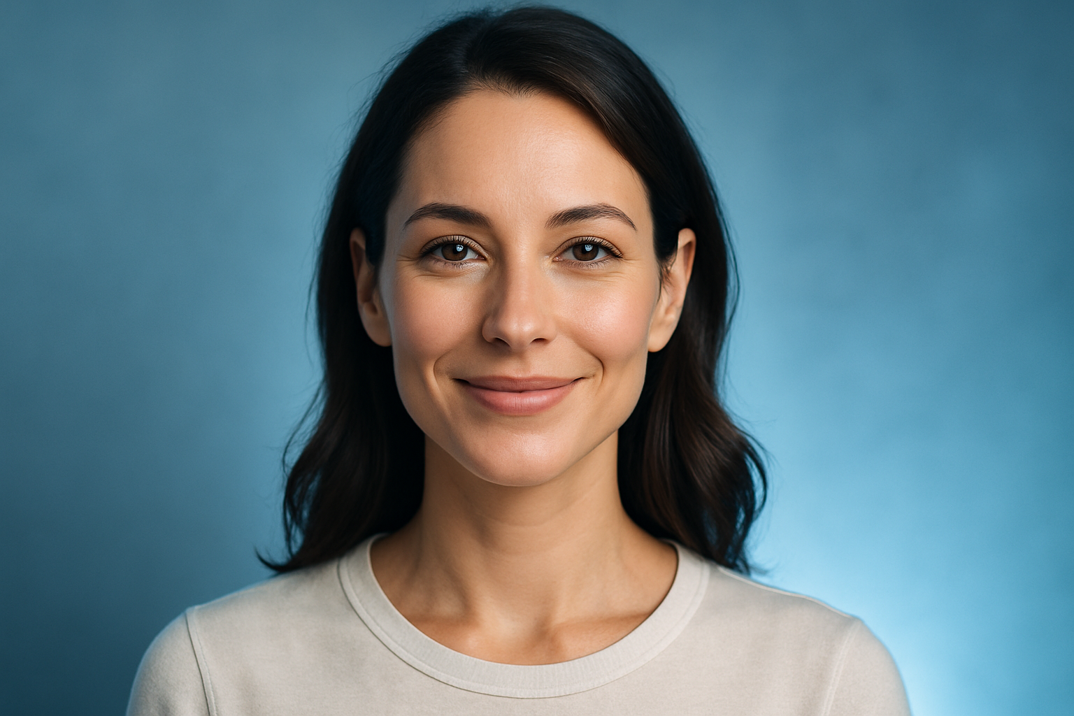 Une femme d'une trentaine d'années au visage radieux et confiant, avec un ovale du visage affiné et harmonieux après traitement, regardant directement la caméra avec un sourire naturel et serein, éclairage doux avec des accents de bleu clair pour une ambiance apaisante et professionnelle, composition respectant la règle des tiers, photoréaliste haute résolution, sans texte, style vignette YouTube captivante avec contraste subtil et rim light pour mettre en valeur les contours nets du menton.