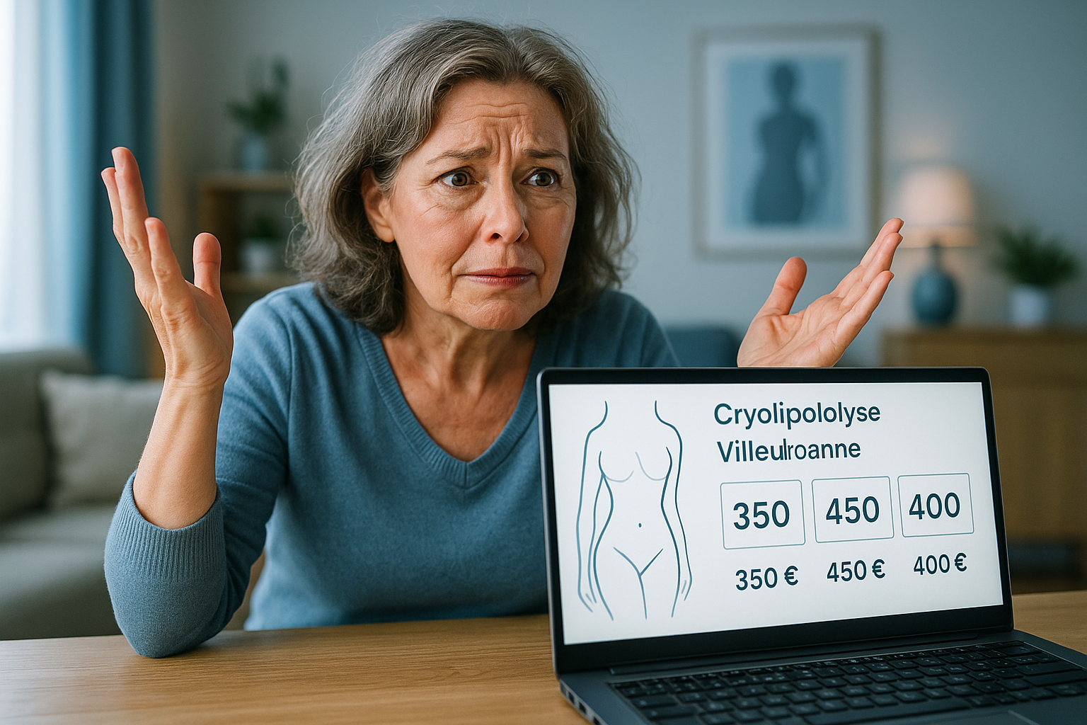 Une femme d'âge mûr, au visage expressif montrant une frustration mêlée d'espoir, assise devant un ordinateur portable dans un salon lumineux et moderne, en train de comparer des prix de cryolipolyse à Villeurbanne affichés à l'écran, avec des icônes subtiles d'amincissement ciblé comme une silhouette affinée en arrière-plan flou ; éclairage naturel doux avec accents de bleu apaisant pour une ambiance rassurante, composition en règle des tiers centrée sur son regard déterminé vers l'avenir, photoréaliste haute résolution, sans texte visible, style vignette YouTube captivante avec contraste élevé et rim light subtile.