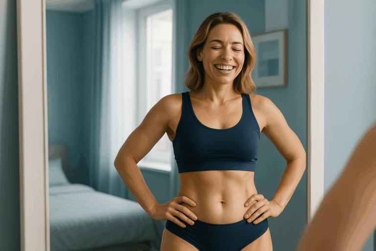 Une femme d'une trentaine d'années, rayonnante de confiance, pose devant un miroir dans une pièce lumineuse et moderne aux tons bleus apaisants, sa silhouette affinée et tonique mettant en valeur un ventre plat après un traitement non invasif, expression de soulagement et de satisfaction sur son visage, éclairage naturel doux avec des contrastes subtils, composition en règle des tiers centrée sur son sourire victorieux, photoréaliste haute résolution sans aucun texte.