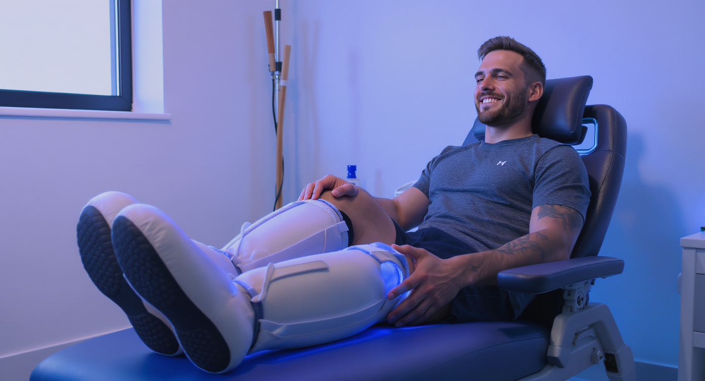 Photorealistic high-resolution image of an athletic man in his 30s, dressed in comfortable sportswear, sitting relaxed with inflatable pressotherapy boots on his legs in a clean, modern recovery room with soft blue lighting and accents, showing a gentle compression effect as if stimulating blood and lymph circulation, his expression calm and relieved, medium shot following the rule of thirds with the subject centered and space around, strong contrasts and realistic textures for an eye-catching YouTube thumbnail style, professional and safe-for-work composition focusing on overall well-being without any text.