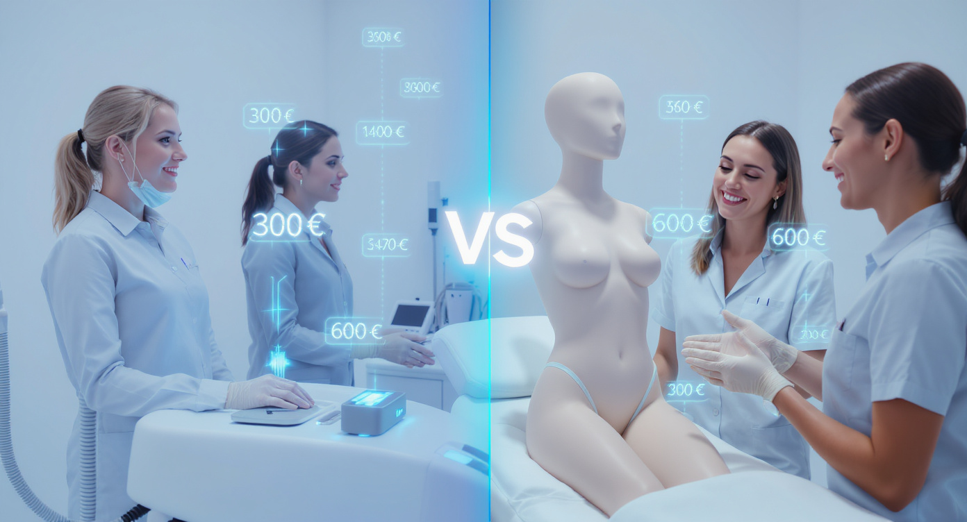 Photorealistic image of a modern aesthetic clinic interior in Villeurbanne, France, showing various factors influencing cryolipolysis prices: on one side, a treatment machine with cooling pads targeting different body zones like abdomen and thighs on a mannequin; on the other, a professional technician demonstrating advanced technology versus basic equipment; include subtle price tags floating ethereally (300€ to 600€) without readable text, diverse clients in neutral professional attire discussing options; soft blue lighting throughout for a calming, trustworthy atmosphere, high-resolution details on textures and realistic expressions of curiosity and relief, rule of thirds composition with central focus on the interaction, eye-catching contrasts, no nudity or suggestive elements.