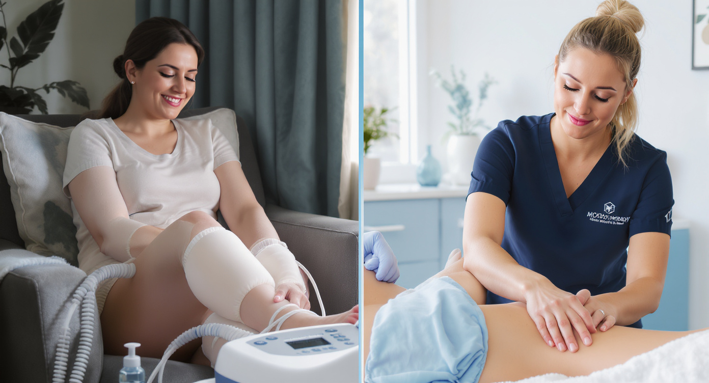 Photorealistic split-scene illustration in high resolution: on the left, a woman in her 30s comfortably seated at home using a pressotherapy machine with inflating sleeves around her legs, promoting circulation and slimming, looking relaxed and at ease in neutral casual clothing; on the right, a professional therapist in a serene clinic performing manual lymphatic drainage massage on a client's legs, adapting techniques personally for daily comfort and weight loss support, both sides showing subtle relief expressions. Professional lighting with strong contrasts, blue color accents for a clean and reassuring aesthetic, rule of thirds composition ensuring no cropping of main subjects, eye-catching like a YouTube thumbnail, entirely SFW with appropriate attire and non-suggestive poses.