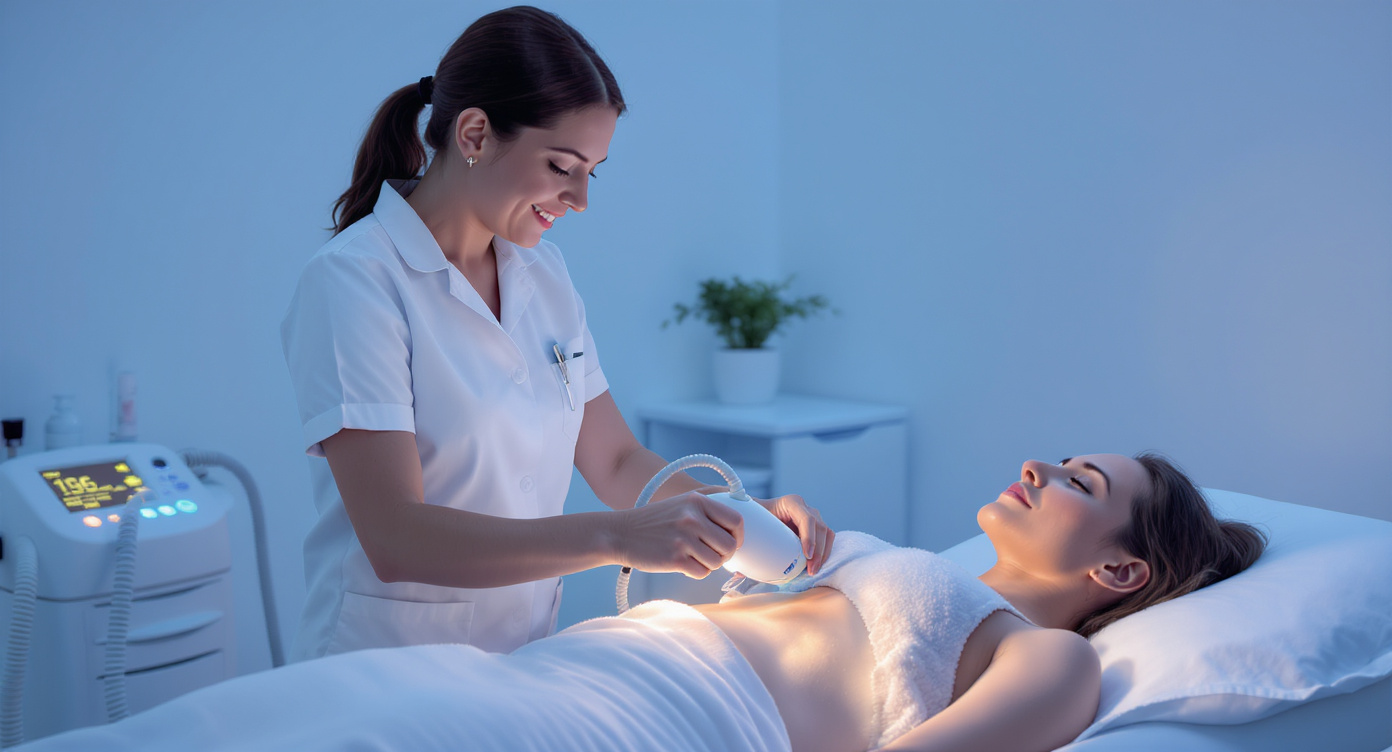 Photorealistic image of a modern aesthetic clinic room with soft blue lighting, showing a professional technician in white uniform preparing a non-invasive cryolipolysis device on a clothed patient's abdomen area, the device applying gentle cooling pads, patient relaxed on a treatment bed looking calm and confident, high-resolution details on textures like the machine's sleek design and room's clean ambiance, rule of thirds composition with focus on the interaction, eye-catching contrasts for a reassuring and professional atmosphere.