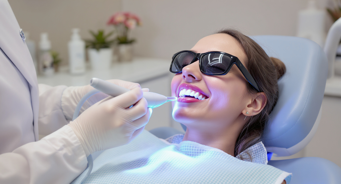 Photorealistic image of a young woman in her 20s sitting comfortably in a modern beauty institute chair, receiving a professional teeth whitening treatment with a blue LED lamp shining on her mouth, wearing protective eyewear and a bib, relaxed expression with subtle blue lighting accents in the clean, welcoming salon environment, high-resolution details on equipment and textures, eye-catching composition following the rule of thirds, professional and safe atmosphere, no text.
