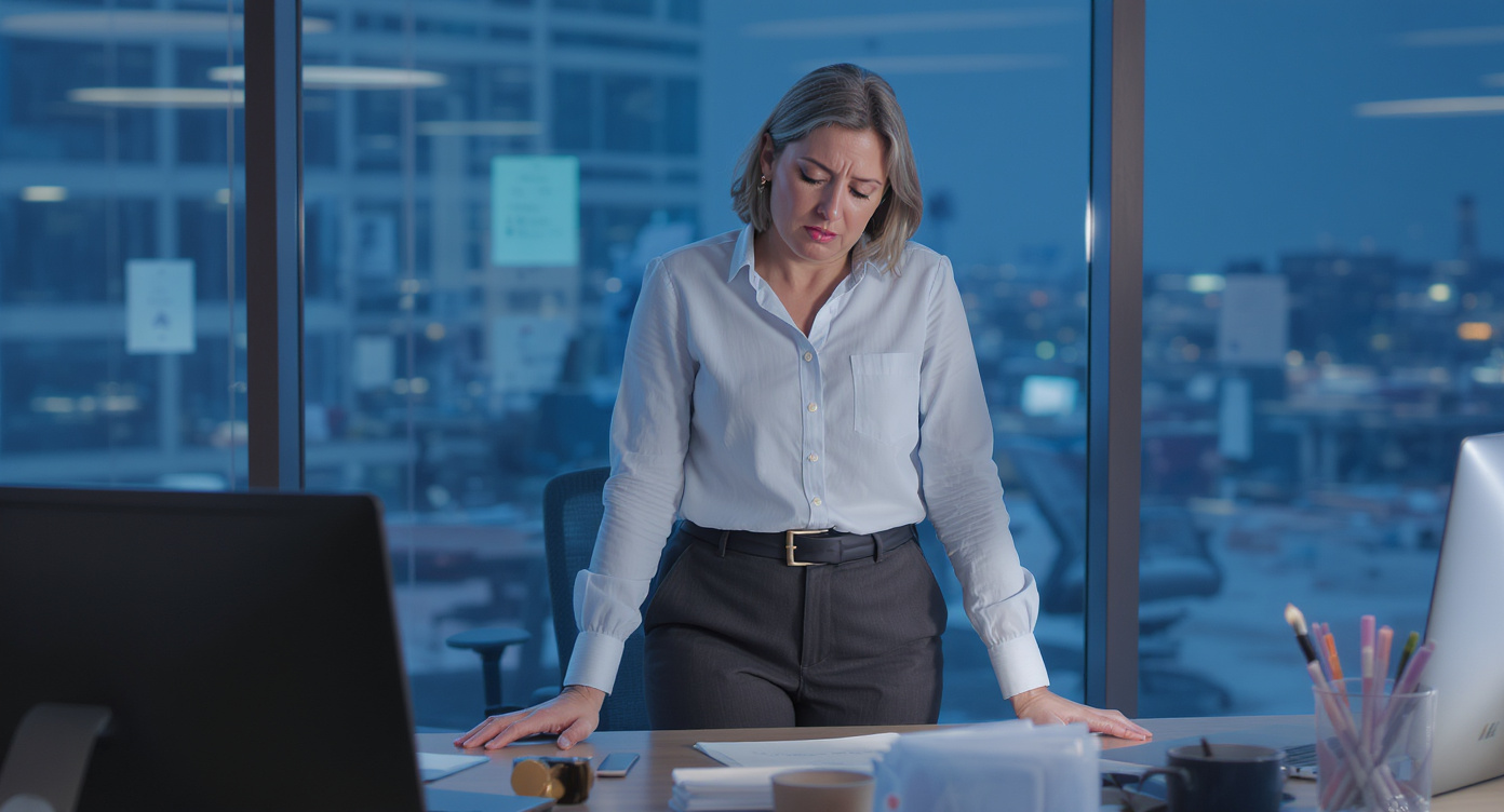 Photorealistic image of a middle-aged woman standing all day at work, looking frustrated with swollen and heavy legs in the evening, wearing professional attire like slacks and blouse, subtle blue tones in the office background for a calming yet empathetic atmosphere, strong contrasts and clear facial expression of discomfort, rule of thirds composition with space around the subject, high-resolution professional photo style, no text, safe for work.