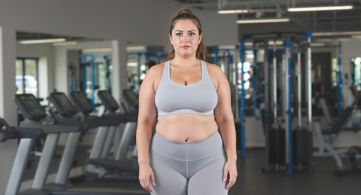 Photorealistic image of a professional woman in her 30s standing confidently in a modern gym, wearing neutral athletic wear that modestly covers her figure, showing subtle hip and thigh contours representing stubborn fat accumulation; her expression conveys mild frustration but determination; soft natural lighting with blue accents on workout equipment, rule of thirds composition focusing on her mid-body without close-ups, high-resolution details on textures like fabric and skin, creating an empathetic and relatable atmosphere for understanding persistent body concerns.