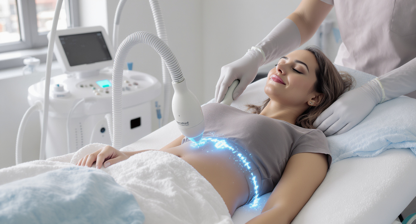 Photorealistic scene in a contemporary aesthetic clinic, a young post-partum woman in comfortable clinic attire lying relaxed on a treatment bed as a non-invasive cryolipolysis device with cooling applicators is gently applied to her abdominal area. Her face shows calm assurance, surrounded by clean, professional equipment with subtle blue accents in the room. High detail, natural lighting, rule of thirds composition, emphasizing safety and targeted fat reduction without surgery.