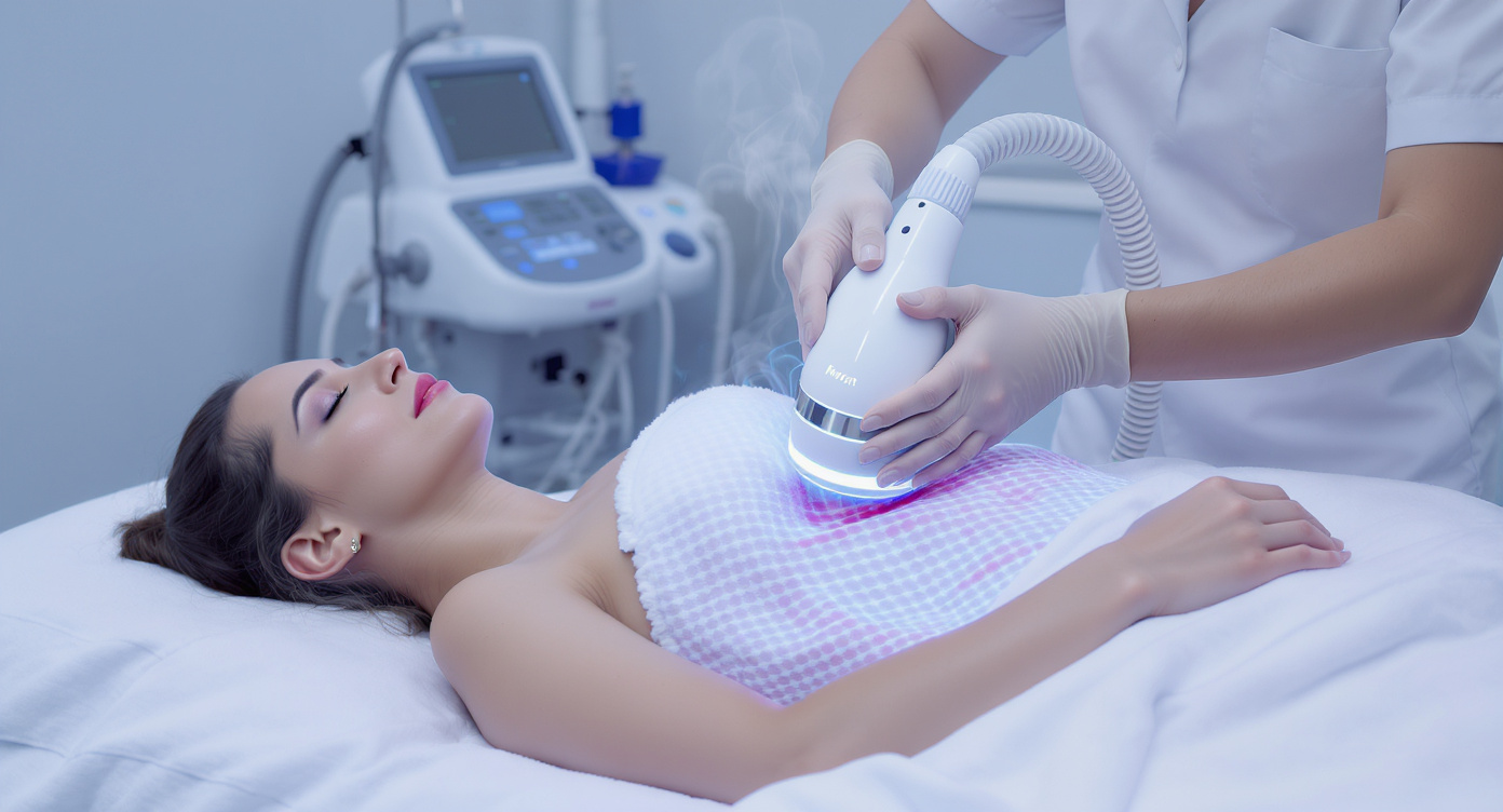 Photorealistic image of a professional aesthetic treatment room with modern equipment; a diverse woman in comfortable clothing lies relaxed on a treatment bed as a technician applies a non-invasive cooling device to her midsection for fat reduction; soft blue lighting highlights the serene and safe atmosphere, high-resolution details on textures and subtle steam from the cooling process, rule of thirds composition focusing on the device and her calm expression, no text, eye-catching with strong contrasts.