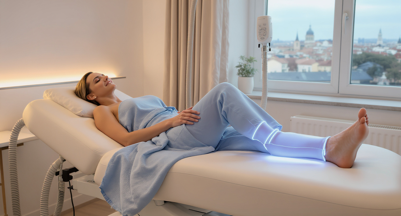 Photorealistic image of a modern aesthetic center in Lyon, France, showing a woman in her 30s-40s lying comfortably on a treatment bed during a pressotherapy session, wearing loose spa attire in soft blue tones, the machine's boots gently compressing her legs, warm ambient lighting with blue accents on the equipment, high-resolution details on the clean clinic interior with subtle Lyon skyline view through a window, composition following the rule of thirds with the woman centered, evoking accessibility and average pricing vibe for 30-60 minute sessions around 20-100 euros, professional and serene atmosphere, no text visible.