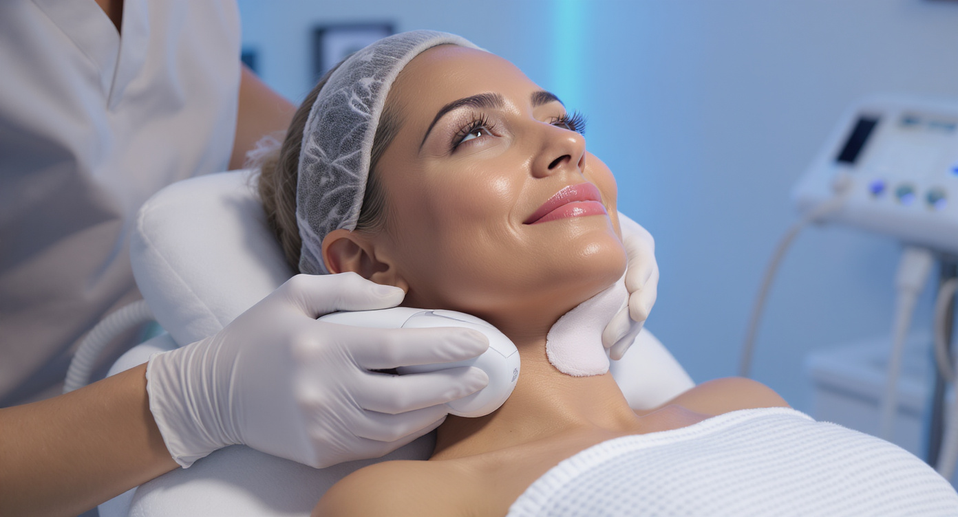 Photorealistic image of a professional clinic setting where a diverse woman in her 40s is comfortably seated receiving a non-invasive cryolipolysis treatment on her double chin area, a sleek modern device gently applied to her neck with cooling pads, her expression relaxed and positive, soft blue lighting accents throughout the room for a calming atmosphere, high-resolution details on textures like skin and equipment, rule of thirds composition with the subject centered but not cropped, eye-catching vignette style with natural contrasts, fully clothed in neutral attire, no text, safe and professional.