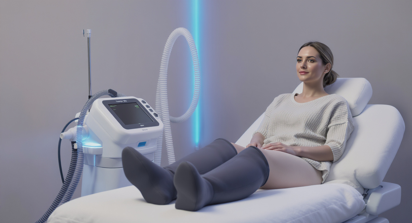 Photorealistic high-resolution image of a professional wellness clinic room with a modern pressotherapy machine featuring inflatable boots connected to it, a relaxed woman in her 30s wearing comfortable loose clothing sitting on a treatment bed with the boots on her legs, gentle blue lighting accents creating a calming atmosphere, focus on the non-invasive setup for lymphatic drainage, rule of thirds composition with clear facial expression of curiosity and comfort, no text, sharp details on textures and equipment.