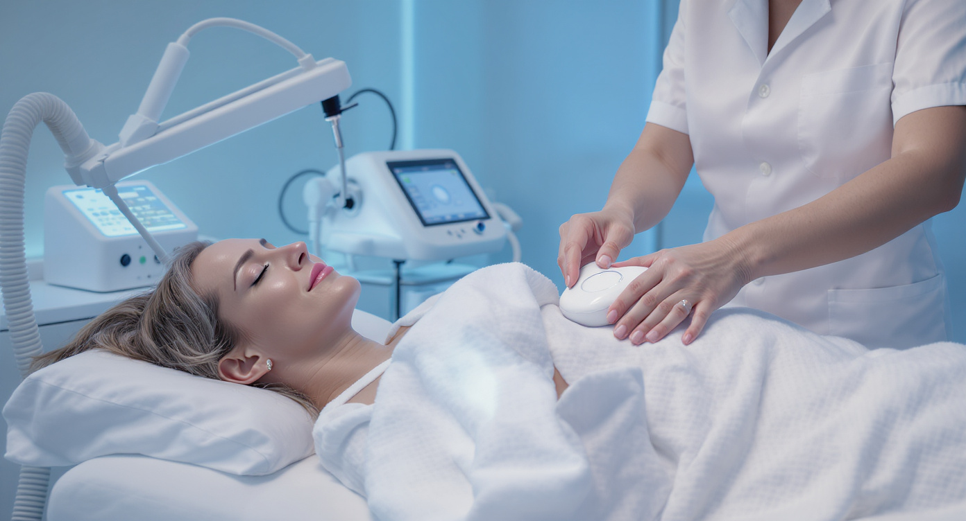 Photorealistic image of a professional aesthetic clinic room with modern cryolipolysis equipment on a treatment table, a relaxed middle-aged woman lying comfortably during a session, her face showing calm reassurance as a technician adjusts the device gently on her abdomen, soft blue lighting highlighting the serene atmosphere, high-resolution details on textures like the machine's cool pads and the woman's casual comfortable clothing, wide shot following the rule of thirds with space around the subjects, no text, evoking safety and gentle fat reduction process.