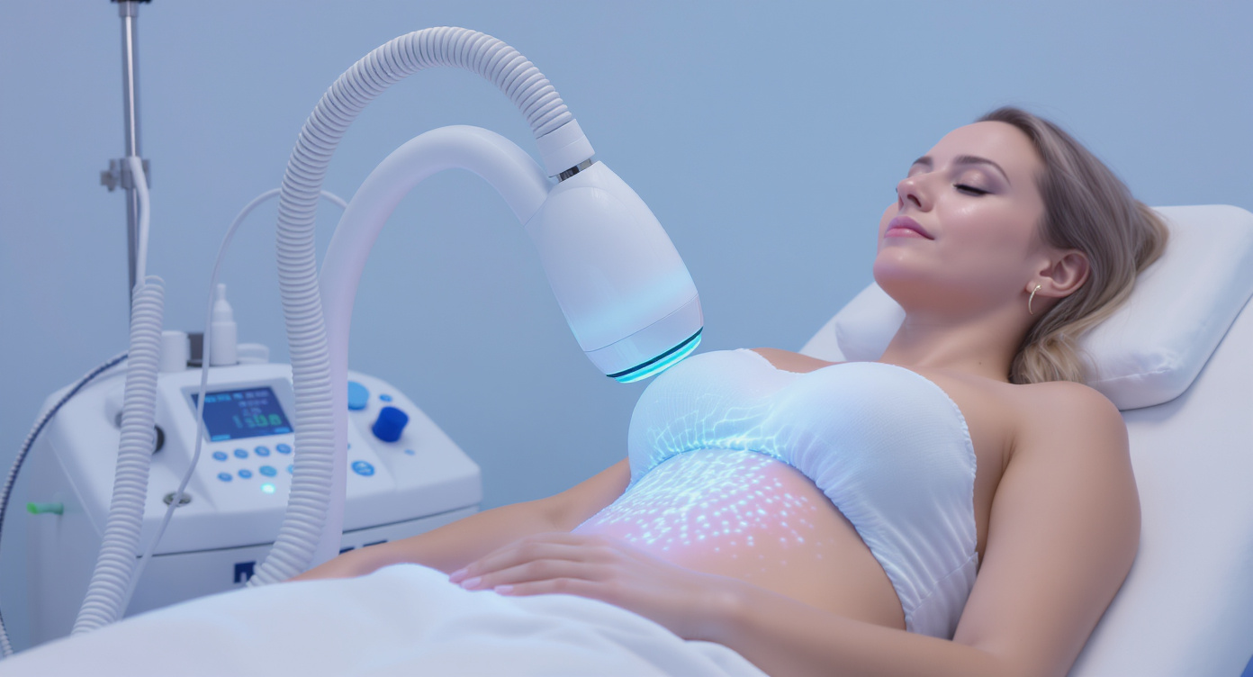 Photorealistic image of a professional clinic setting with a client comfortably seated during a cryolipolysis session, a modern device applying gentle cooling to the abdominal area over clothing, the client's face showing relaxation, soft blue lighting in the room, high-resolution details on the equipment and serene atmosphere, medium shot following the rule of thirds, no text, ensuring professional and non-suggestive composition.