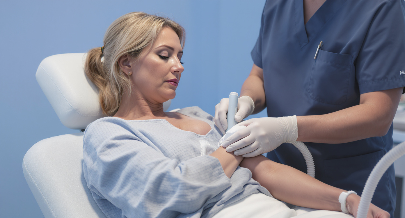 Photorealistic image of a modern aesthetic clinic room with soft blue lighting, a middle-aged woman comfortably seated and dressed in a loose long-sleeve top, having non-invasive cryolipolysis treatment applied to her upper arms using a handheld cooling device by a professional technician in scrubs, focus on the simple and painless procedure targeting localized fat, high resolution, natural indoor lighting, rule of thirds composition, professional and reassuring atmosphere.