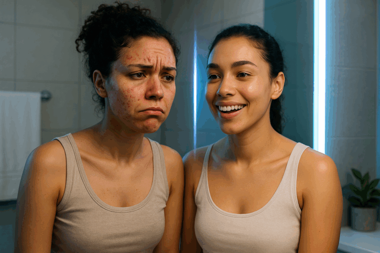 Image photoréaliste haute résolution d'une jeune femme adulte d'origine diverse, au milieu de la vingtaine, debout devant un miroir dans une salle de bain lumineuse et moderne, avec une expression de soulagement et de joie naissante sur son visage. À gauche, son reflet montre une peau du visage marquée par des cicatrices d'acné visibles et rouges, la faisant paraître frustrée et peu confiante ; à droite, le reflet transformé révèle une peau lisse, uniforme et régénérée après luminothérapie, avec une texture saine et une élasticité naturelle. Utilisez des nuances de bleu doux en accent pour l'éclairage apaisant des LED, des contrastes forts pour un impact visuel vignette YouTube, composition en règle des tiers avec le visage centré, éclairage naturel réaliste et textures détaillées de la peau pour une crédibilité absolue, sans aucun texte ni éléments suggestifs.