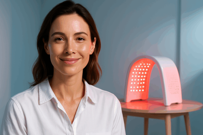 Une femme d'une trentaine d'années au visage serein et rayonnant, regardant directement la caméra avec un sourire confiant, sa peau lisse et ferme illuminée par une douce lumière rouge provenant d'un appareil de luminothérapie LED posé sur une table élégante en arrière-plan. Elle est habillée d'une chemise blanche simple, dans un cadre minimaliste et moderne avec des accents bleus subtils sur les murs, évoquant un sentiment d'espoir et de découverte naturelle pour une peau revitalisée. Composition selon la règle des tiers, éclairage doux avec rim light pour un impact visuel fort, photoréaliste haute résolution, sans texte.