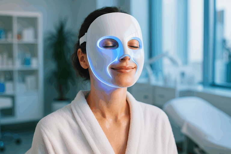 Une femme d'une trentaine d'années au visage rayonnant et serein, avec une peau éclatante et revitalisée, portant un masque de luminothérapie LED qui diffuse une lumière douce et apaisante sur son visage, dans un cadre moderne et lumineux d'un institut de beauté, expression de soulagement et de confiance après avoir démêlé la confusion entre LED et laser, ambiance aspirationnelle de bien-être et de clarté, photoréalisme haute résolution, éclairage naturel avec accents de bleu rassurant, composition en règle des tiers avec le sujet centré et espace autour, contrastes forts pour un impact vignette YouTube captivant, sans texte.