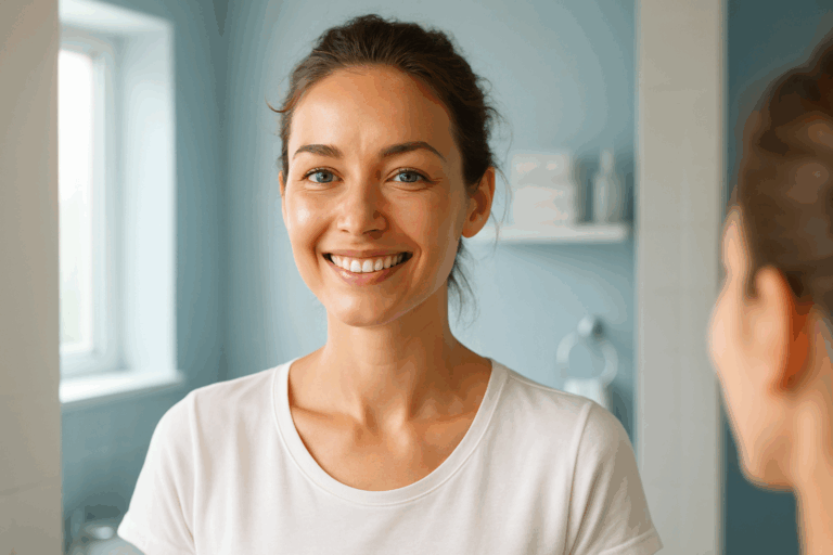 Une femme dans la trentaine, au teint lumineux et éclatant, rayonnant de confiance devant un miroir dans une salle de bain moderne et lumineuse, avec un sourire serein et des yeux pétillants, éclairage naturel doux accentué par des nuances de bleu apaisantes sur les murs, composition en règle des tiers avec le visage centré, photoréaliste haute résolution, ambiance aspirationnelle et revitalisante, sans texte.