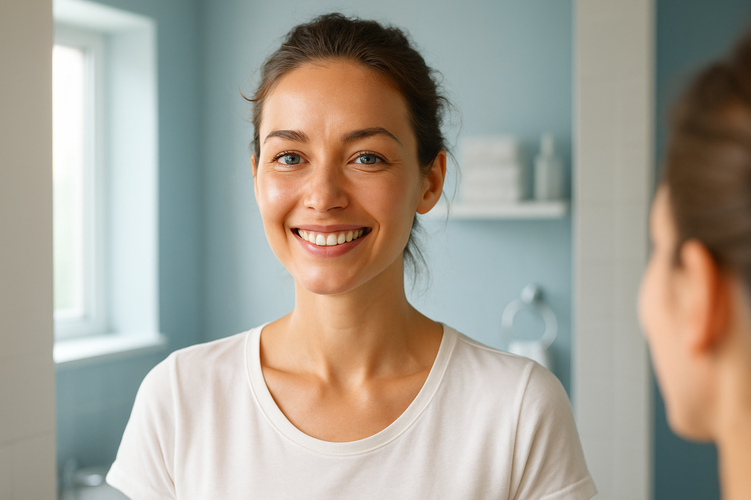 Une femme dans la trentaine, au teint lumineux et éclatant, rayonnant de confiance devant un miroir dans une salle de bain moderne et lumineuse, avec un sourire serein et des yeux pétillants, éclairage naturel doux accentué par des nuances de bleu apaisantes sur les murs, composition en règle des tiers avec le visage centré, photoréaliste haute résolution, ambiance aspirationnelle et revitalisante, sans texte.