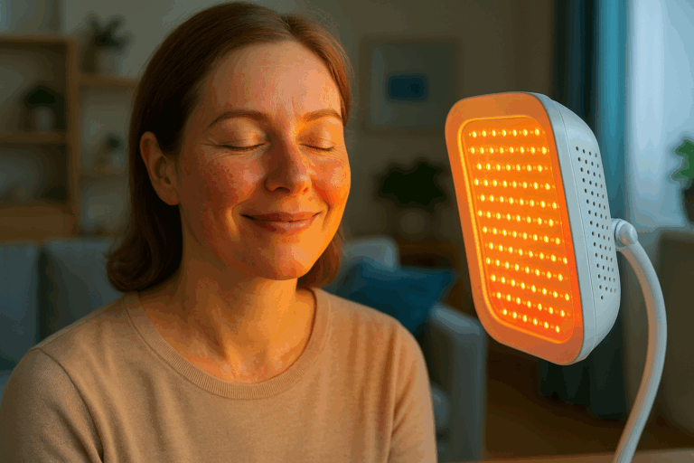 Une femme de 40 ans à la peau sensible, au visage serein et apaisé après un traitement de luminothérapie, illuminée par une lumière douce jaune et rouge provenant d'un appareil LED à domicile, ses rougeurs de rosacée estompées pour révéler une peau équilibrée et radieuse ; elle sourit avec confiance dans un cadre intérieur moderne et chaleureux, éclairage naturel avec accents de bleu apaisant, composition en règle des tiers avec le visage centré, photoréalisme haute résolution, ambiance aspirationnelle et rassurante, sans texte.