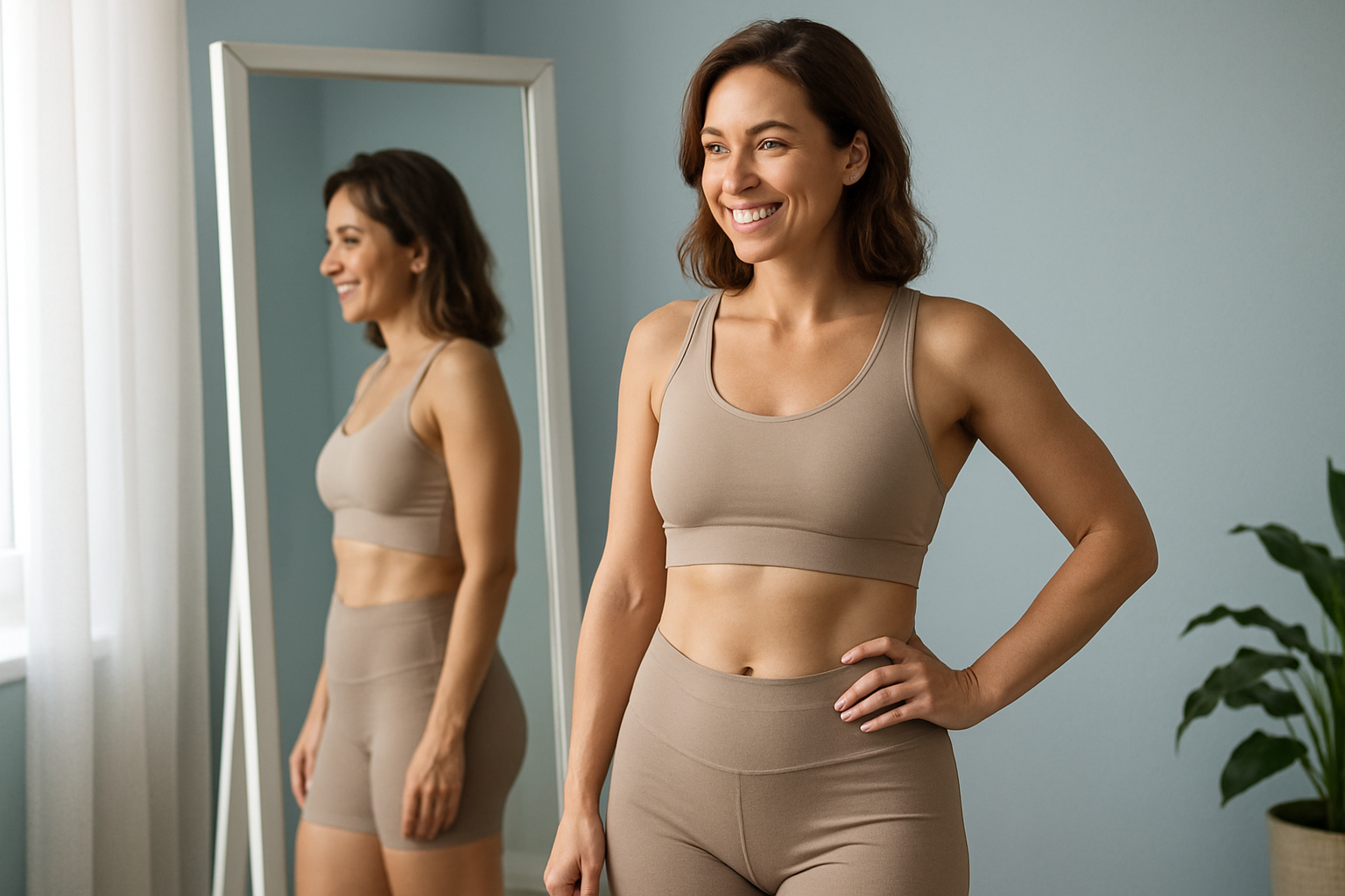 Une femme d'une trentaine d'années, rayonnante de confiance, se tient devant un miroir dans une pièce lumineuse aux tons bleus apaisants, admirant sa silhouette affinée au ventre et aux cuisses après trois mois de cryolipolyse. Elle porte une tenue sportive neutre et confortable, avec un sourire satisfait exprimant le soulagement et la transformation durable attendue. Éclairage naturel doux avec des contrastes subtils, composition en règle des tiers centrant son visage expressif, photoréaliste haute résolution sans texte.