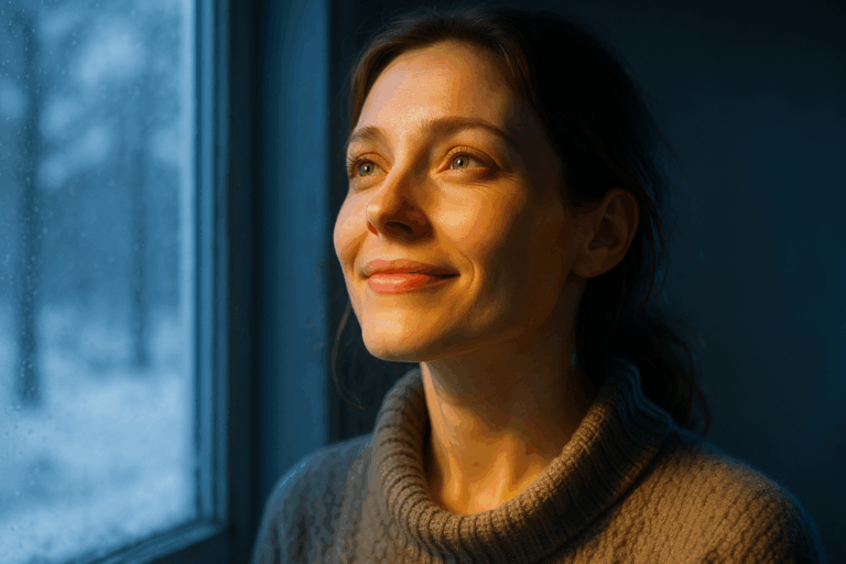 Une femme d'une trentaine d'années, au teint pâle et fatigué par l'hiver, se tient devant une fenêtre enneigée, l'air épuisé avec des cernes sous les yeux et une peau terne, mais son regard s'illumine d'espoir en imaginant une lumière chaude et revigorante qui inonde son visage, apportant un éclat naturel à sa peau et un regain d'énergie vital ; composition en règle des tiers avec elle légèrement à gauche, éclairage dramatique avec une rim light bleue subtile soulignant son contour, photoréalisme haute résolution, ambiance aspirationnelle et revitalisante, nuances de bleu froid hivernal contrastant avec des tons chauds de lumière.