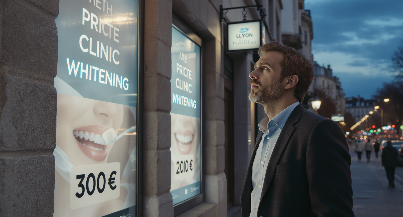 Photorealistic image of a thoughtful man in his 30s standing in a modern Lyon street near dental clinic signs, looking puzzled at varying price tags from 300€ to 2000€ for teeth whitening services displayed on billboards, with urban background including the Rhône river and blue-toned evening sky for a calming yet intriguing atmosphere. He is dressed in casual professional attire, expression showing confusion turning to curiosity, high-resolution details on textures like stone buildings and glossy signs, strong contrasts and rim lighting to highlight his face, rule of thirds composition with space around the subject, no text visible.