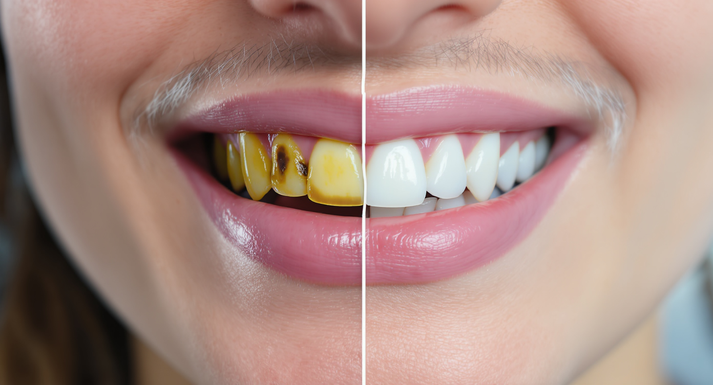 Photorealistic image of a close-up on a person's teeth showing yellow stains from smoking, contrasted with a subtle hint of brighter teeth on the side suggesting whitening potential. The scene is set in a natural lighting environment with soft blue tones for a calming effect, focusing on the emotional frustration turning to hope. Use rule of thirds composition, high-resolution details on textures like enamel and stains, professional and credible without any surreal elements, eye-catching contrast for YouTube thumbnail style.