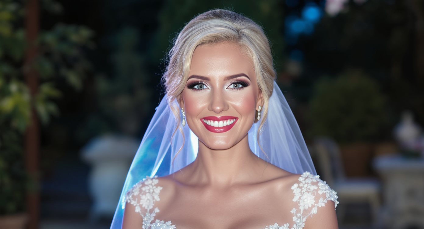 Photorealistic image of a bride in an elegant white dress, smiling confidently with bright white teeth during her wedding photoshoot, surrounded by soft blue-toned lighting in a romantic outdoor setting, emphasizing emotional boost and joy, rule of thirds composition with her face positioned off-center, high-resolution details on textures and natural expressions, no text, professional and uplifting atmosphere.