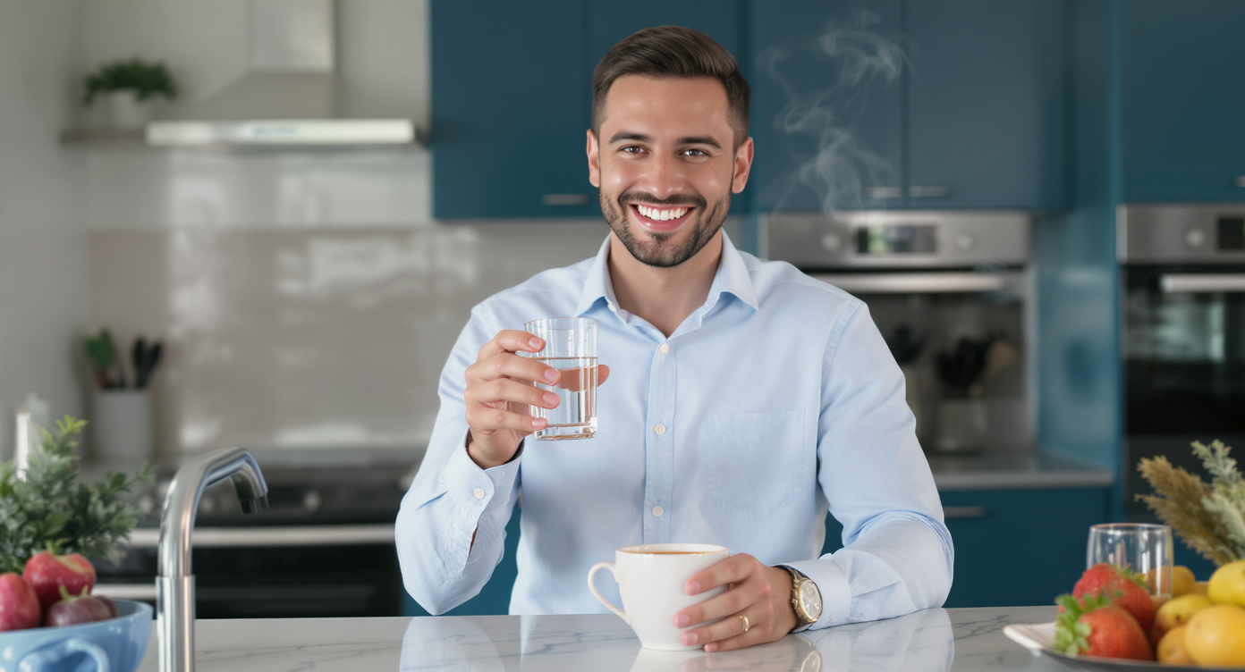 Photorealistic image of a young adult in their 30s, smiling with bright white teeth, standing in a modern kitchen, deliberately choosing a glass of clear water over a steaming cup of coffee on the counter, avoiding staining foods like red wine or tea in the background. The person is dressed in casual professional attire, a light blue shirt, showing a sense of relief and smart choice. Use soft natural lighting with blue accents in the decor, rule of thirds composition with the subject centered but not cropped, high-resolution details on textures like water droplets and steam, eye-catching contrasts for emotional impact, no text, safe for work.