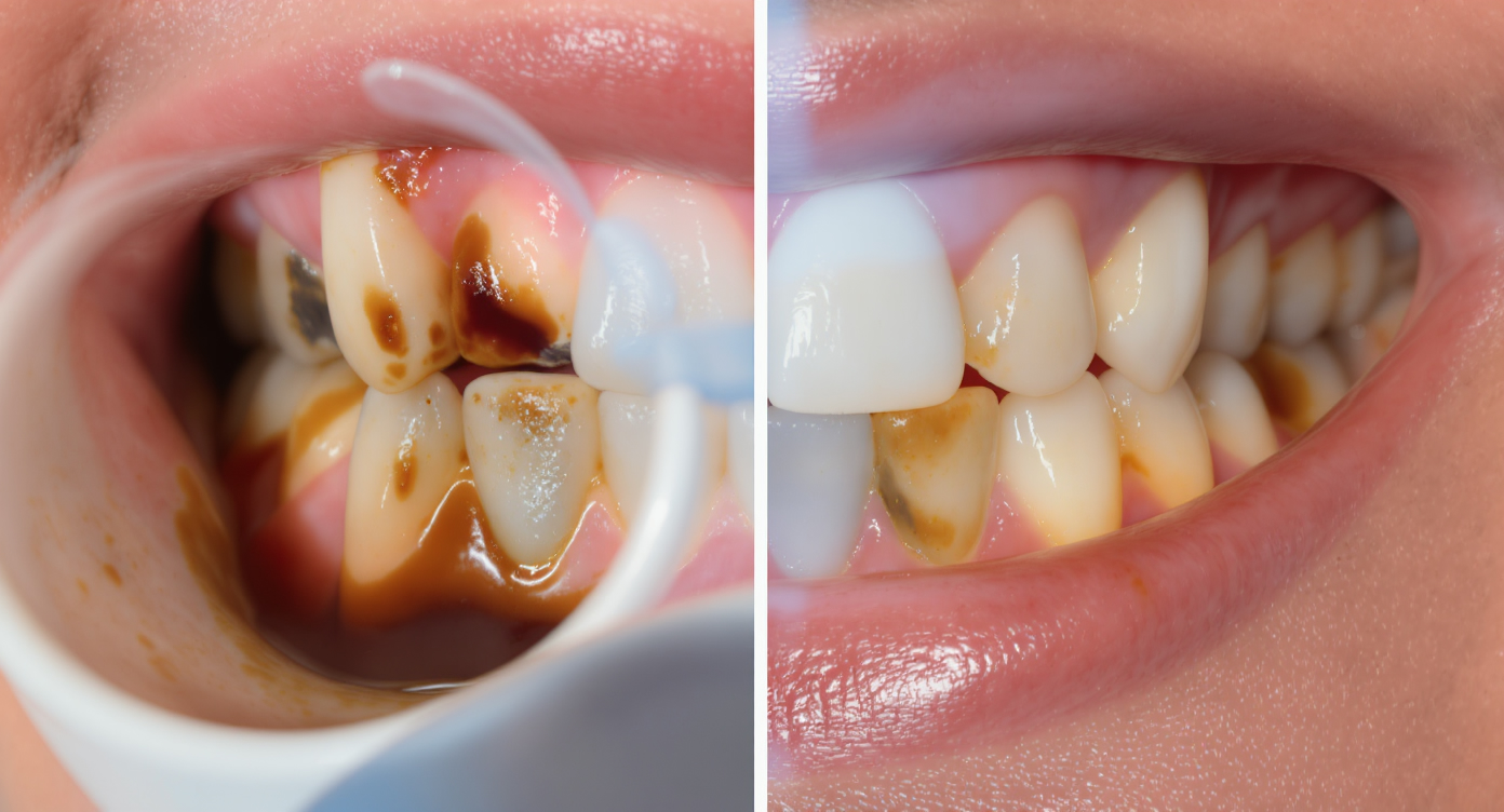 Photorealistic high-resolution image depicting the process of coffee and tea staining teeth: a close-up view of human teeth gradually developing yellow stains from exposure to dark liquid from a coffee cup and a tea cup nearby, realistic textures of enamel discoloration caused by tannins, natural lighting with subtle shadows, professional composition following the rule of thirds, accents of blue tones in the background for a clean aesthetic, no text, focus on educational clarity without anatomical defects.