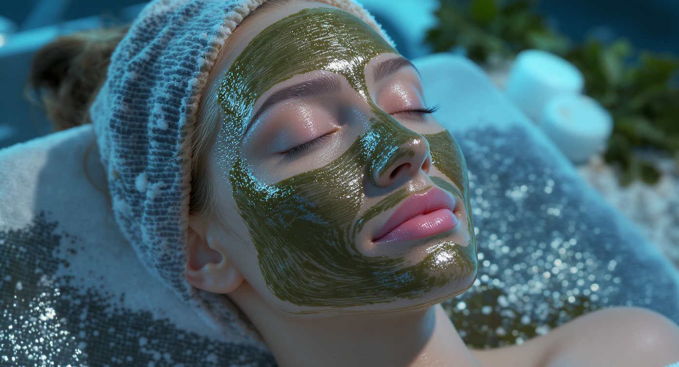 Photorealistic image of a close-up on a woman's face during a gentle seaweed peeling treatment in a modern spa setting, her skin showing subtle natural exfoliation with marine algae mask applied softly, serene expression of relaxation, soft blue lighting highlighting skin texture and freshness, high-resolution details on natural ingredients like seaweed extracts, professional and calming atmosphere, rule of thirds composition with face in focus, no text.