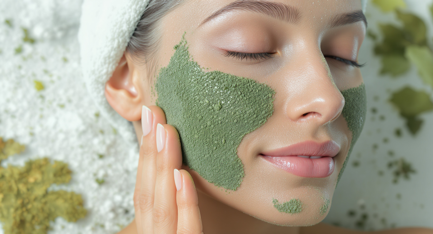 Photorealistic image of a close-up on a woman's gentle face with sensitive skin during a natural seaweed peeling treatment; fine green seaweed powder is lightly massaged into her cheek by soft hands, showing a soothing mechanical exfoliation without any redness or irritation; her expression is calm and relieved, with subtle blue-toned lighting highlighting the natural minerals and hydrating texture of the algae; high-resolution details on skin texture and powder particles, composed using the rule of thirds with the face centered, professional and reassuring atmosphere like a beauty care session.