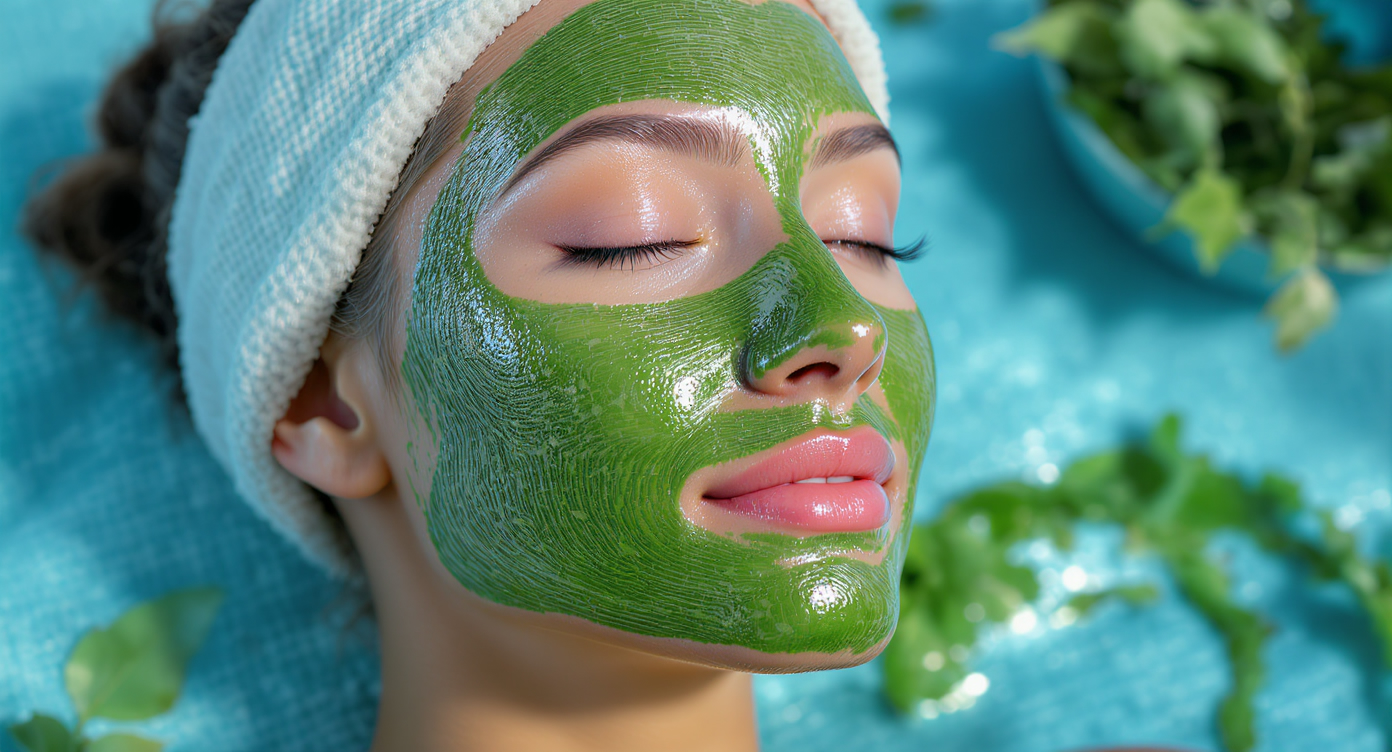 Photorealistic image of a close-up on a woman's face during a natural seaweed peeling treatment in a professional spa setting, showing gentle application of green algae mask with subtle exfoliation, her skin appearing refreshed and glowing, soft blue lighting accents creating a calming atmosphere, high-resolution details on skin textures and marine elements, composed using the rule of thirds with the face positioned off-center, no text, professional and serene mood.