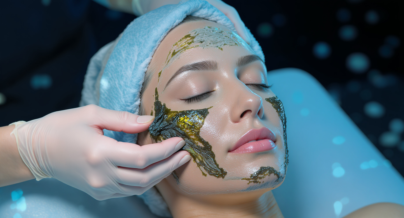 Photorealistic image of a professional spa treatment scene: a woman's face receiving a gentle seaweed peeling application by an esthetician's hands, showing subtle exfoliation on smooth skin targeting fine lines and wrinkles, natural marine elements like algae extracts visible, her expression calm and relaxed, soft blue-toned lighting for a soothing atmosphere, high-resolution details on textures and skin regeneration, eye-catching composition with rule of thirds, strong contrasts and rim light, no text, professional and safe for all audiences.