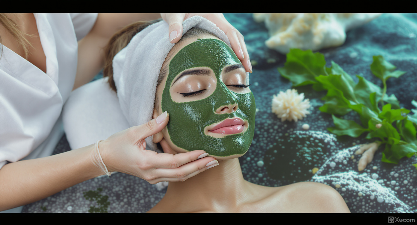 Photorealistic high-resolution image of a gentle seaweed peeling treatment targeting brown spots: a professional aesthetician applying a fresh green algae mask to a woman's face in a modern spa, showing soft exfoliation without irritation, natural marine elements in the background, calming blue tones in lighting, serene and non-invasive atmosphere, medium shot following the rule of thirds, eye-catching contrast with rim light, professional and credible, no text or surreal elements.