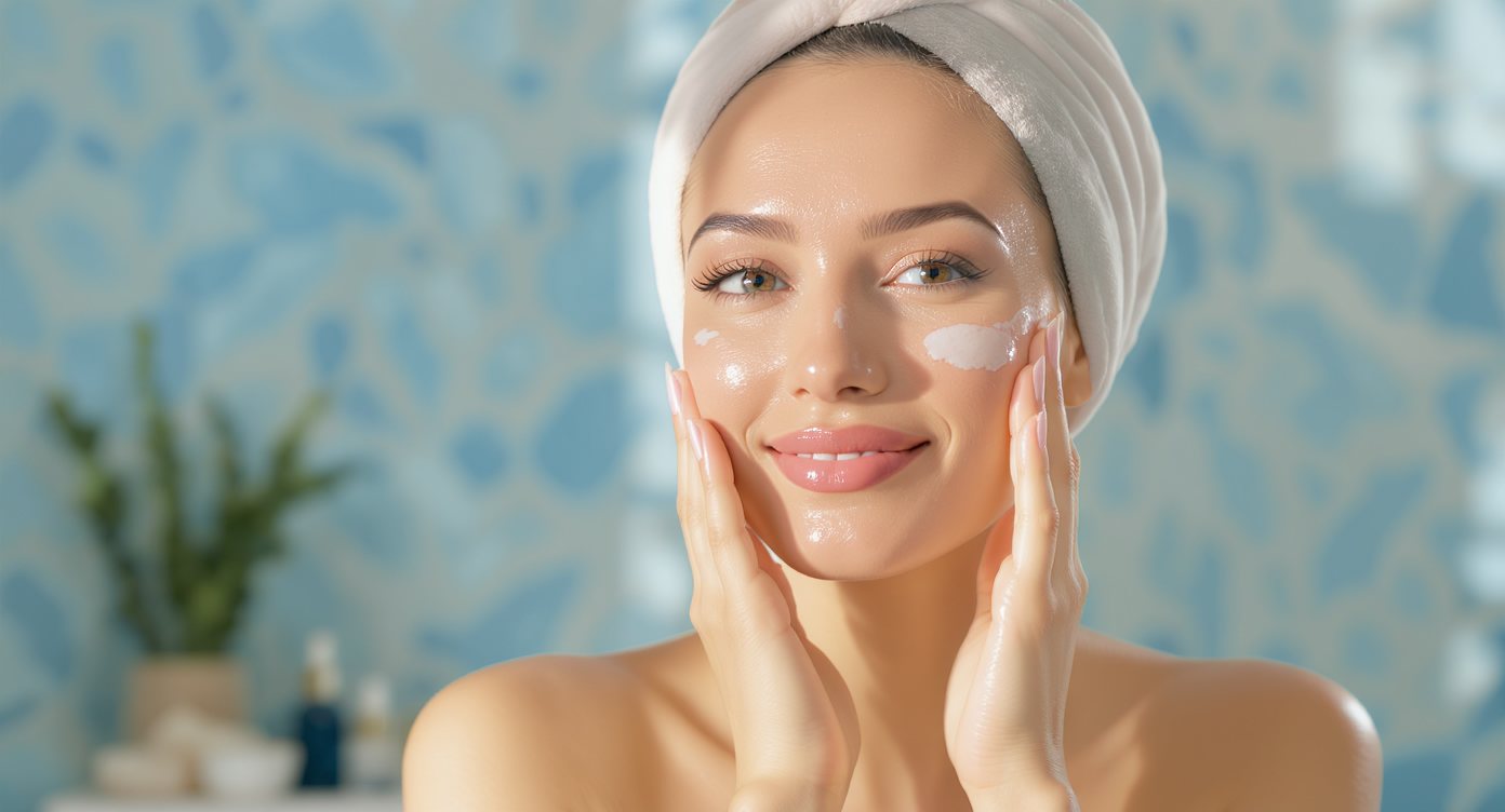 Photorealistic image of a young woman in her 30s with sensitive skin, gently applying a hydrating serum to her face in a serene spa-like bathroom, her expression showing relief and confidence as her skin begins to glow subtly; background features soft blue tones and natural elements like seaweed extracts on a shelf; medium shot following the rule of thirds, high-resolution details on skin texture and product application, professional lighting with rim light for emotional impact, safe-for-work, no text, emphasizing preparation benefits for minimizing irritations.