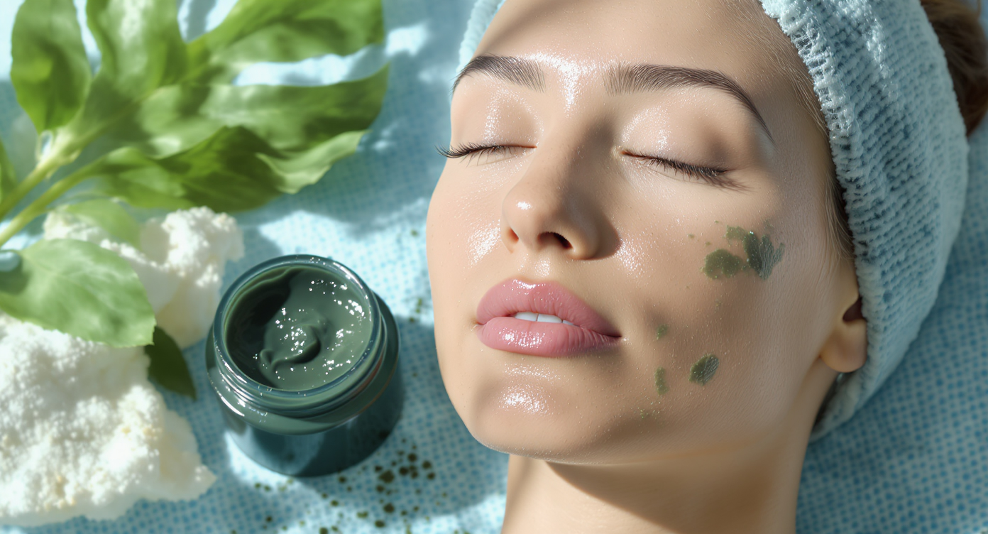 Photorealistic image of a close-up on a woman's face showing gentle skin renewal after an algae peeling treatment, with subtle flaking and fresh, hydrated skin emerging, soft natural lighting highlighting the texture of seaweed-infused products nearby like a jar of blue-green algae cream, serene expression of relief and confidence, professional beauty institute setting with blue accents for a calming vibe, high-resolution details on skin pores and moisture glow, eye-catching composition with rim light, no text.